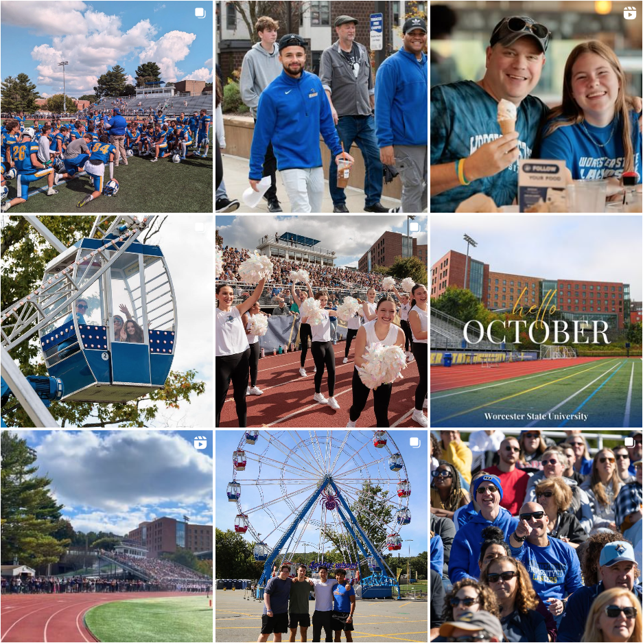 A collage of nine images featuring sports events, a ferris wheel, cheerleaders, and a crowd at Worcester State University in October.