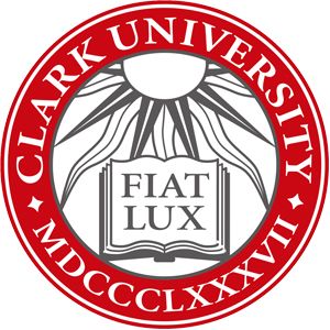 Clark University seal with the phrase "FIAT LUX" on an open book, surrounded by sun rays. The text "CLARK UNIVERSITY MDCCCLXXXVII" encircles the image.