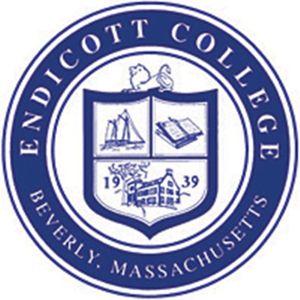 Seal of Endicott College featuring a blue shield with a ship, book, and building illustrations, surrounded by the text "Endicott College, Beverly, Massachusetts, 1939.