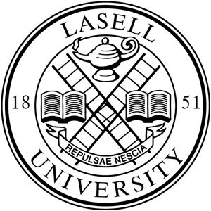 Lasell University seal featuring a lamp, two ladders, open books, and the motto "Repulsae Nescia" with the year 1851.