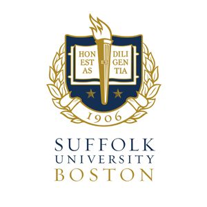 Suffolk University Boston logo featuring a torch over an open book with Latin text, surrounded by a laurel wreath and the year 1906.