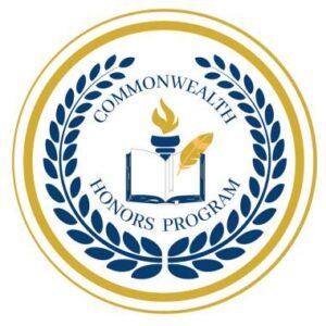 Circular Commonwealth Honors Program logo with blue and gold laurel leaves, an open book, a torch, and a feather in the center.