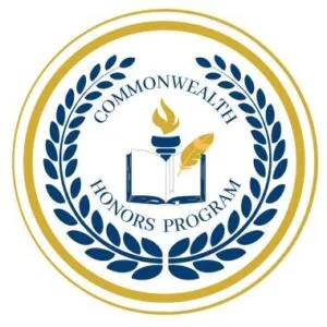 Circular Commonwealth Honors Program logo with blue and gold laurel leaves, an open book, a torch, and a feather in the center.