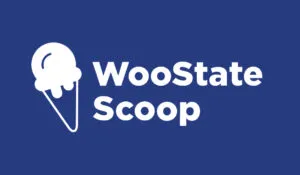 White ice cream cone icon and bold text "WooState Scoop" on a solid blue background.