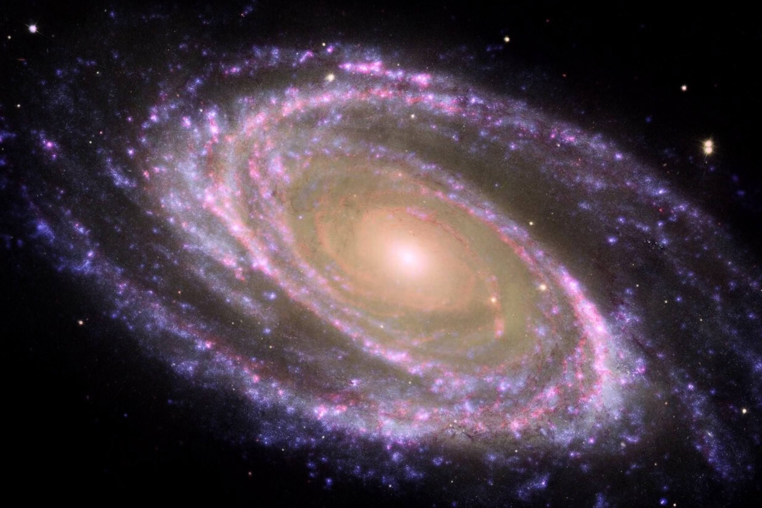 A spiral galaxy with glowing pink, blue, and white arms set against a black background filled with distant stars, reminiscent of the wonder explored at ǶƵ.