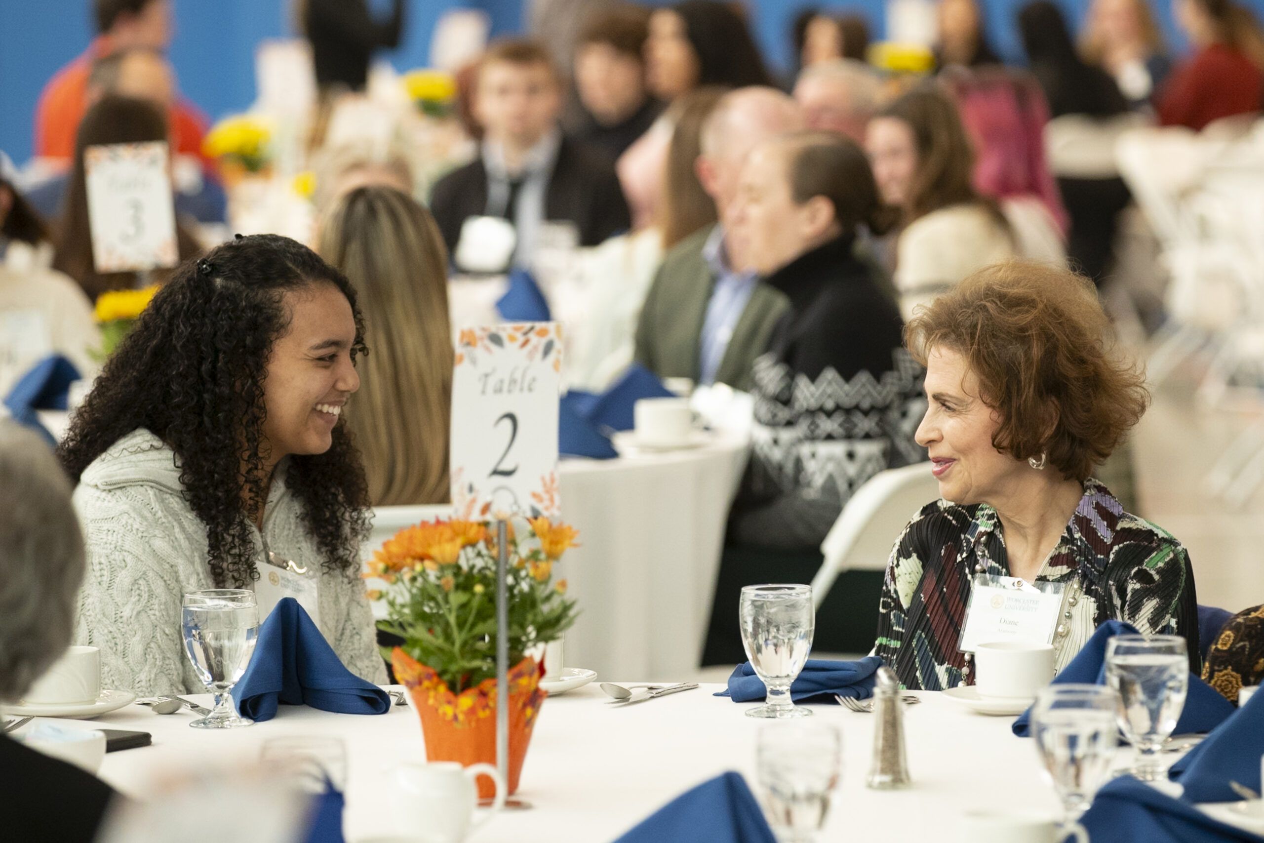 Two women sit at a round table with blue napkins and flowers, engaged in conversation at a formal event with other attendees in the background.