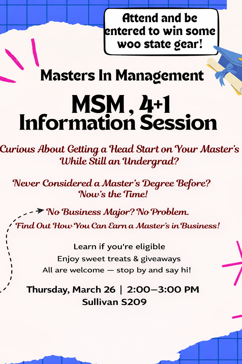 Flyer for a Masters in Management MSM 4+1 info session on March 26, 2–3 PM in Sullivan S209, with details about eligibility, giveaways, and event highlights.