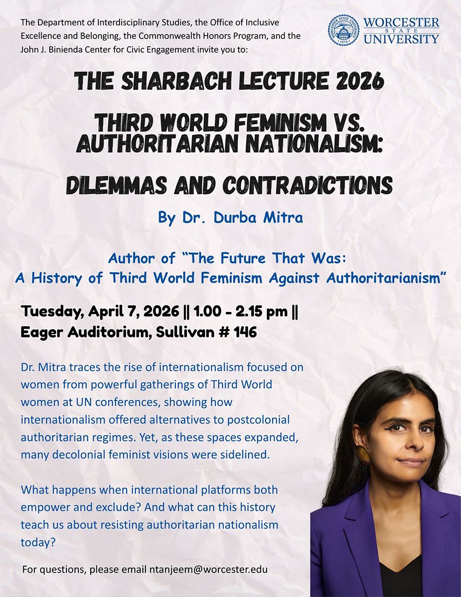 Event poster for the Sharbach Lecture 2026 featuring Dr. Durba Mitra on "Third World Feminism vs. Authoritarian Nationalism," with event details and a photo of Dr. Mitra.