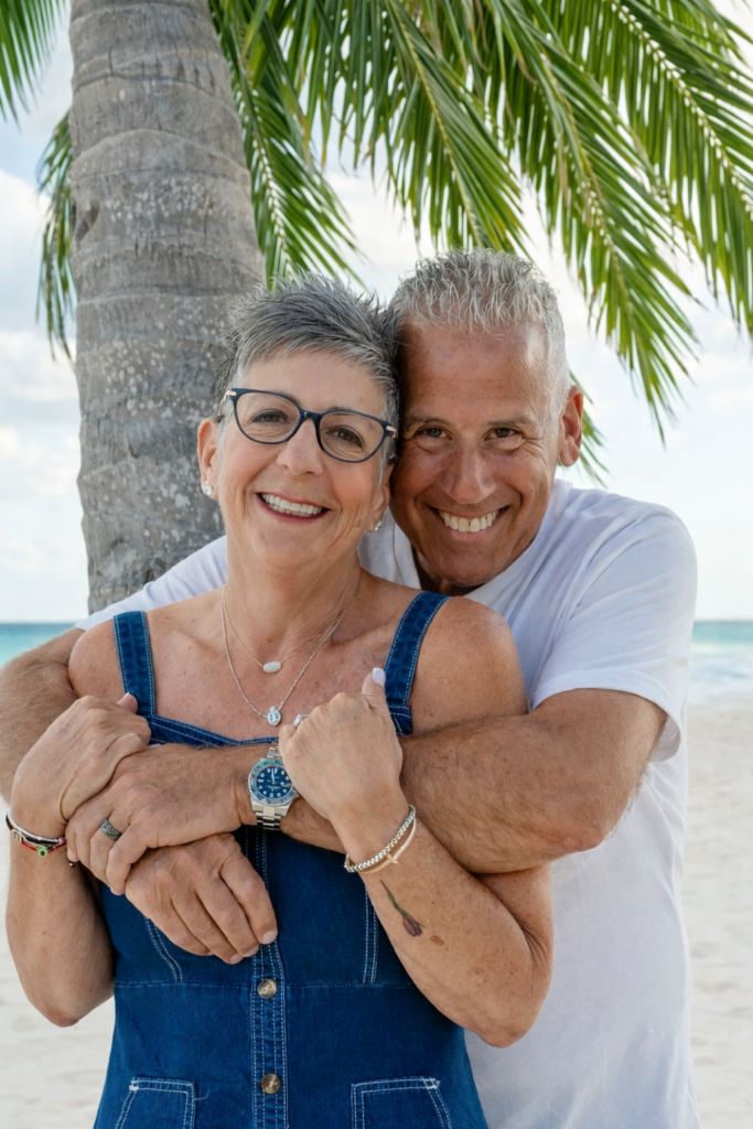 Older couple smiling and embracing in front of a palm tree on a beach, with the ocean and sky in the background.
