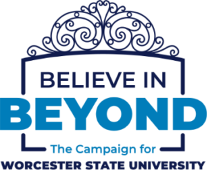 Logo with ornate blue design, reads: “Believe in Beyond, The Campaign for Worcester State University.”.