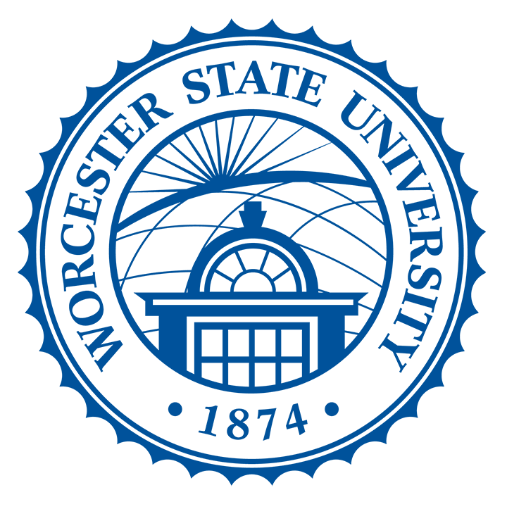 Blue and white Worcester State University seal with a building, sun rays, and “1874” at the bottom.